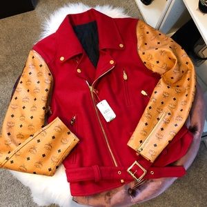 MCM Phenomenon Red Logo Biker Moto Jacket sz 12 L